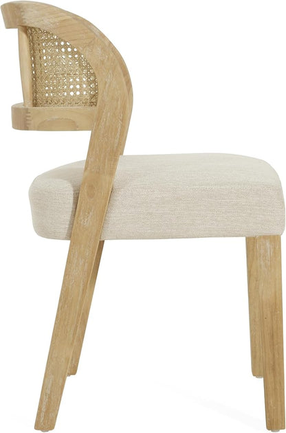 Christopher Knight Home Selwyn Dining Chairs Set of 2, Modern Dining Chair with Fabric Upholstery and Curved Back, Rubberwood Frame Kitchen Chairs with Cane Webbing, Accent Chairs, Beige+Natural