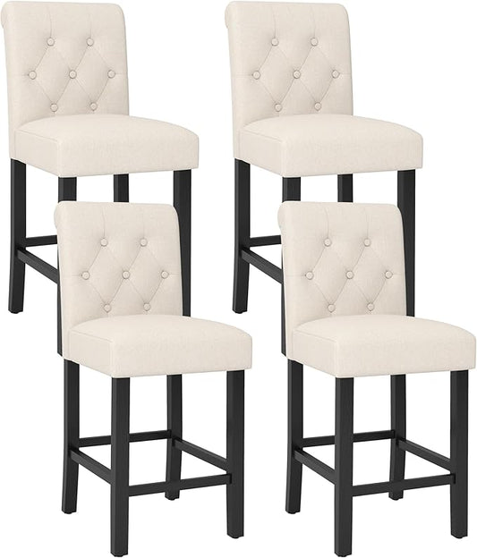 LSSBOUGHT Counter Stools Set of 4,24 inches Upholstered Counter Height Chairs with Button-Tufted and Solid Wood Legs（Beige）