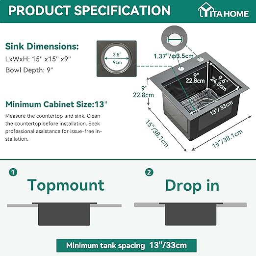 YITAHOME Black Drop In Kitche Sink Workstation, 15" Top Mount Stainless Steel Nano Gunmetal Black Small RV Sink with Cutting Board & Accessories for Workstation, Bar, 15 x 15 x 9 in