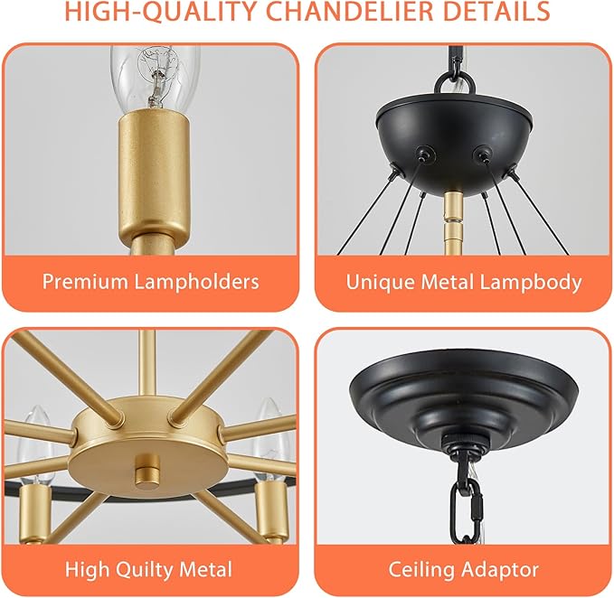 Black and Gold Chandelier, 31" Large 8-Light Industrial Chandeliers for Dining Room, Round Farmhouse Kitchen Pendant Light Fixture for Entryway, Living Room, Bedroom, Foyer