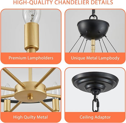 Black and Gold Chandelier, 31" Large 8-Light Industrial Chandeliers for Dining Room, Round Farmhouse Kitchen Pendant Light Fixture for Entryway, Living Room, Bedroom, Foyer