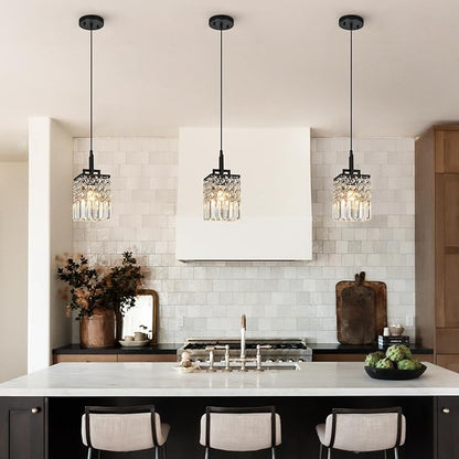 Modern Crystal Pendant Light Kitchen Island Farmhouse Lamp Adjustable Height Hanging Lighting Square Black Chandelier Suitable for Kitchen Island Dining Room and Bedroom(1Pack)