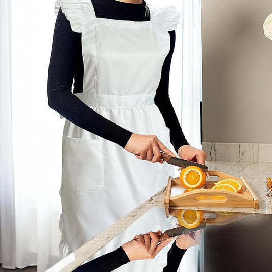 Cityelf Vintage White Apron Maid Pioneer Costume Victorian Style Cotton 50’s Ruffle Dress Apron with Long Ties and Pockets