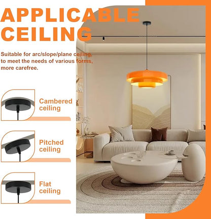 Mid Century Modern Orange Pendant Light, 17.7" Large 3-Layer Metal Shade Flush Mount Chandelier for Kitchen Island, Dining Room, Bar, Vintage Farmhouse Ceiling Light Fixture