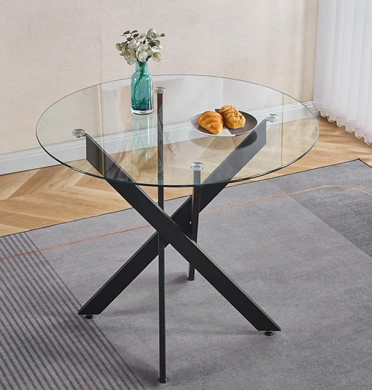 Round Glass Dining Table 35.4'' Inch Modern Round Kitchen Table with Metal Legs Durable Stylish Dinner Table for Dining Room Kitchen