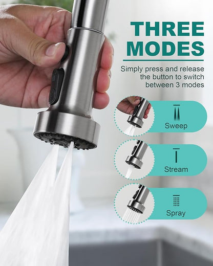 Pull Down Faucet Head Replacement: 3-Function Kitchen Faucet Sprayer Head Replacement with 9 Adapters - Brushed Nickel Sink Faucet Head Compatible with Moen, Delta, American Standard Faucets