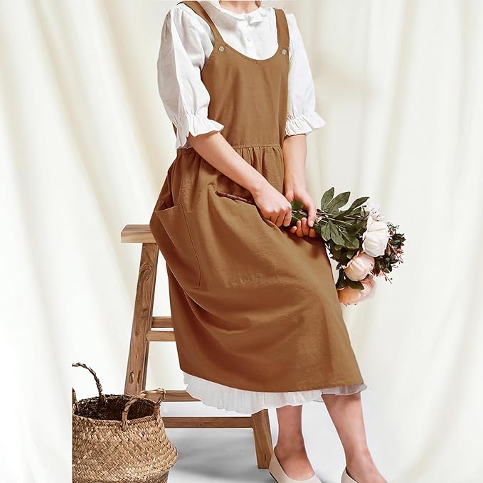 Cityelf Vintage Pinafore Apron Dress Snap Adjust Linen Cotton with Pockets Floral Aprons for Cooking Gardening