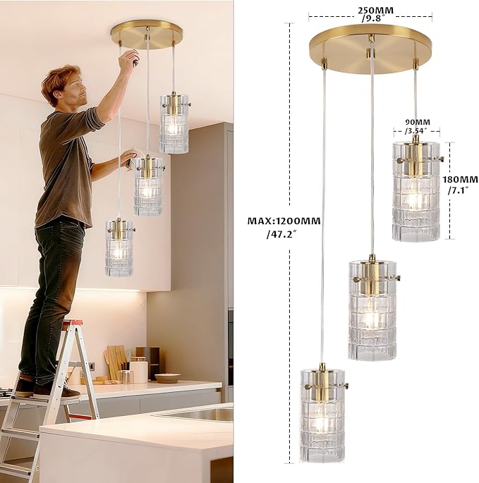 Modern Glass Pendant Light, Copper Finish 3-Light Chandelier for Kitchen Island/Dining, Height Adjustable, E26 Sockets, Bulbs Not Included
