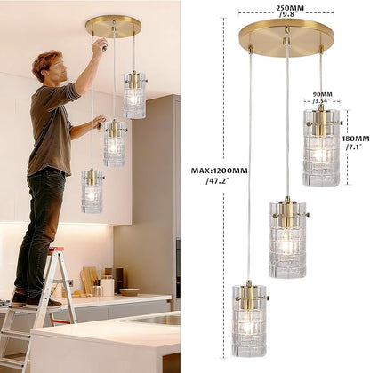 Modern Glass Pendant Light, Copper Finish 3-Light Chandelier for Kitchen Island/Dining, Height Adjustable, E26 Sockets, Bulbs Not Included