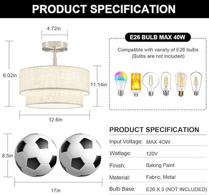 Semi Flush Mount Ceiling Light - 12.6in Diameter, Fits Flat & Sloped Ceilings, 3-Light E26, Dimable 3-Color Temp, ETL Listed, Modern Farmhouse Lighting for Entryway, Hallway, Kitchen