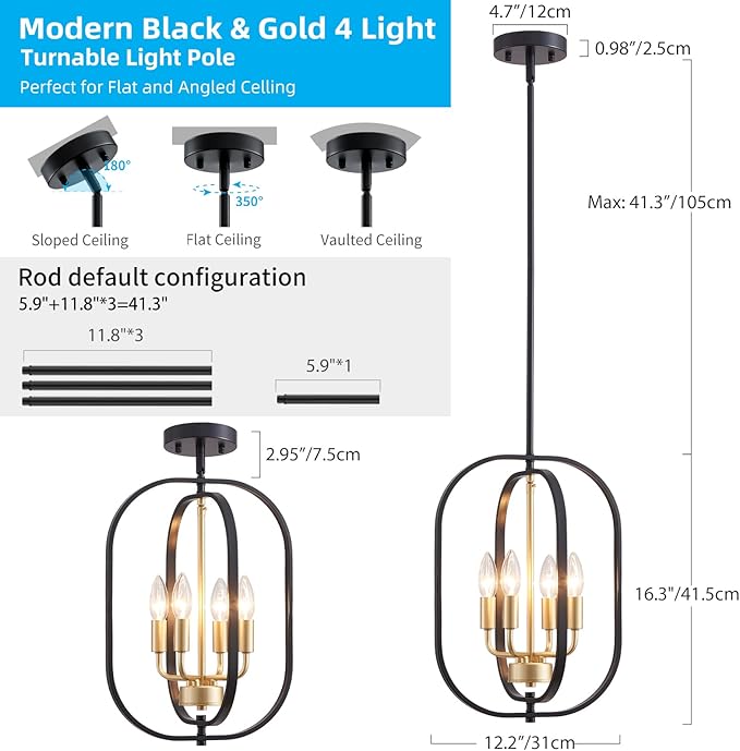 XINGQI Modern Black Gold Chandelier Farmhouse 4-Light for Dining Room, Geometric Adjustable Rustic Pendant Lighting Fixture for Entryway Living Room Kitchen Foyer