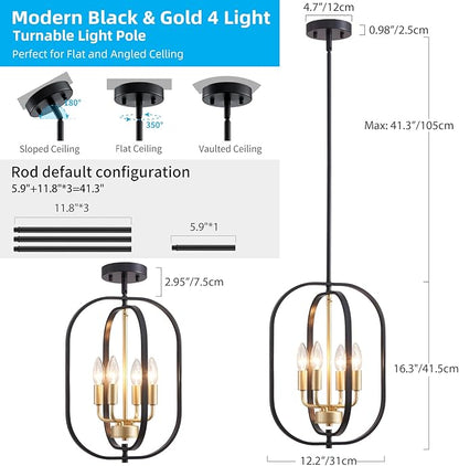 XINGQI Modern Black Gold Chandelier Farmhouse 4-Light for Dining Room, Geometric Adjustable Rustic Pendant Lighting Fixture for Entryway Living Room Kitchen Foyer