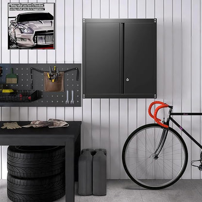 Metal Wall Cabinet, Steel Cabinet Wall Mounted, Lockable Storege Cabinet with Doors and Shelves, Upper Cabinets for Home Office, Pantry, Garage, Black