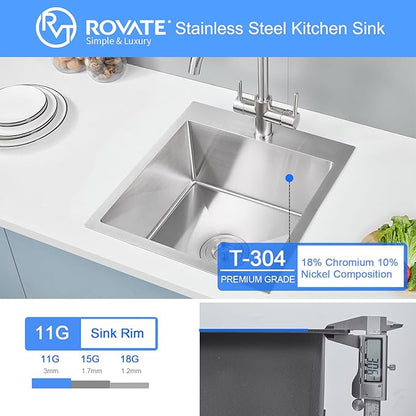 ROVATE 17 x 19 Inch Drop in Bar Sink Single Bowl, Topmount 304 Stainless Steel Small Kitchen Sink with 1 Hole, Handmade Overmount Wet Bar Prep Sinks with Basket Strainer