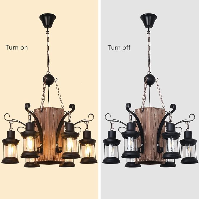 6-Light Wood Hanging Lamp, Industrial Farmhouse Island Chandelier with Black Metal Lampshade & Adjustable Cord, Retro Loft Chandelier Dinning Table Pendant Lamp Fixtures for Bar Home Hotel Hallway