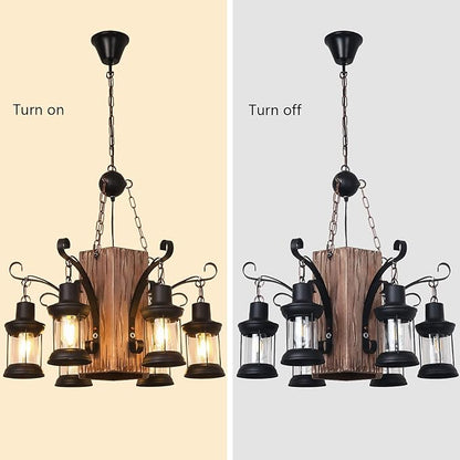 6-Light Wood Hanging Lamp, Industrial Farmhouse Island Chandelier with Black Metal Lampshade & Adjustable Cord, Retro Loft Chandelier Dinning Table Pendant Lamp Fixtures for Bar Home Hotel Hallway