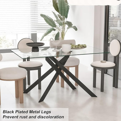 Dining Table with Tempered Glass Top, Modern Glass Dining Room Table Rectangle, Black Geometric Metal Leg, Kitchen Table 51" L x 29.5" W x 30" H, Black