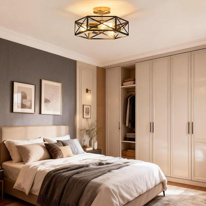 Modern Farmhouse Semi Flush Mount Ceiling Light,Industrial Black and Gold Ceiling Lighting Fixture,Hexagonal Close to Ceiling Lights for Kitchen, Hallway,Bedroom,Foyer,Laundry Room,14.6 Inch