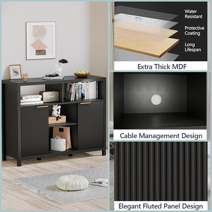 FONTOI Sideboard Buffet Cabinet, Thicken Wood Storage Cabinet with 4 Large Open Shelf, Farmhouse Cabinet with 2 Fluted Doors, Modern Accent Cabinet for Living Room, Kitchen, Entryway, Black