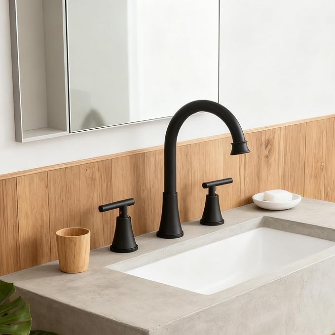 HOTIS Black Bathroom Faucet 3 Hole, 2 Handle 360° Swivel Matte Black 8 Inch Widespread Bathroom Sink Faucet, Lavatory Sink Faucet with Pop-up Drain and Supply Lines, HT-MC-032B
