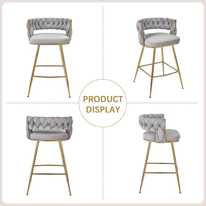 VECELO Bar Stools Set of 2, Counter Height Bar Stools, 26 inch Seat Barstools with Woven Back and Footrest for Kitchen Island Counter, Grey