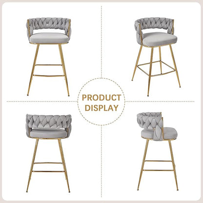 VECELO Bar Stools Set of 2, Counter Height Bar Stools, 26 inch Seat Barstools with Woven Back and Footrest for Kitchen Island Counter, Grey