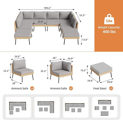 Aoxun 8-Piece Patio Furniture Set, Wicker Outdoor Furniture with Water Resistant Thick Cushions, Patio Conversation Set Outdoor Sectional Sofa with Coffee Table for Backyard Poolside, Light Grey