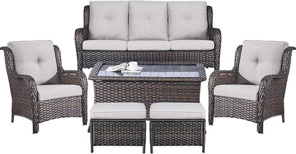 Belord Patio Wicker Sofa Set 6 Pieces Patio Furniture Set Outdoor Couch, 2 Patio Wicker Chairs with 1 Sofa, Coffee Table and Ottomans, Patio Conversation Set for Porch Garden Deck Balcony Poolside