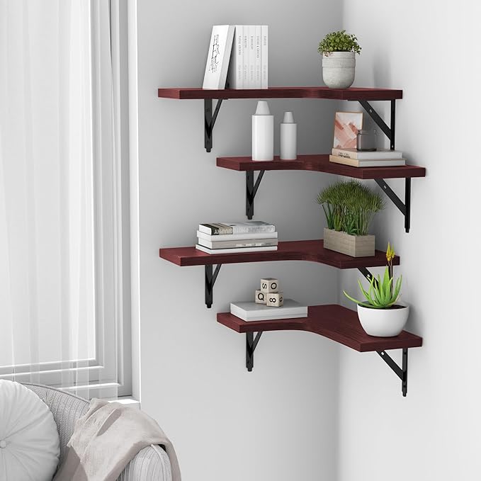 ROMGUAR CRAFT Corner Floating Shelves Wall Mounted Set of 4, Rustic Wood Storage Display Wall Shelves for Home Decor, Bathroom, Kitchen, Bedroom, Living Room, Office (Red)