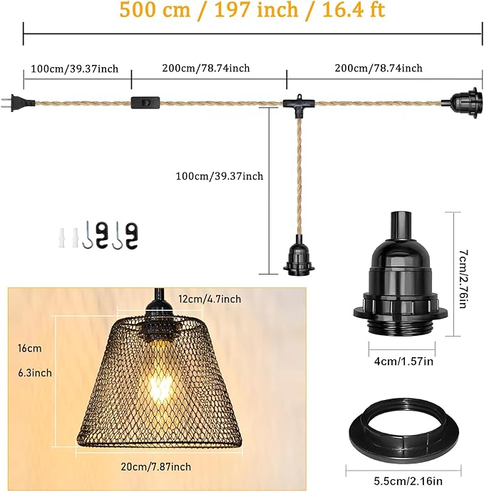 2-Light Plug in Pendant Light with Black Metal Cage Lampshade Ø20cm, E26/E27 Hemp Rope Vintage Hanging Lights Kit with Plug in Cord 19.68ft for Dining Room Living Room, No Bulb
