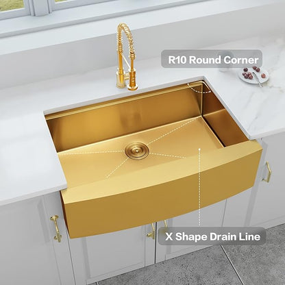 Gold Farmhouse Kitchen Sink, 16 Gauge SUS304 Stainless Steel Farm Sinks, All In One Workstation Sink with Ledge & Accessories, 33" x 20" x 10" Large and Deep Gold Undermount Kitchen Sink