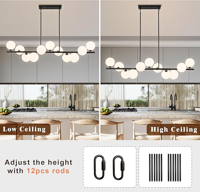 Linear Chandeliers for Dining Room,11 Light Globe Sputnik Chandelier with Milk White Glass 51inch Black Dining Room Light Fixture, Large Modern Chandelier for Kitchen Island