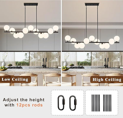 Linear Chandeliers for Dining Room,11 Light Globe Sputnik Chandelier with Milk White Glass 51inch Black Dining Room Light Fixture, Large Modern Chandelier for Kitchen Island