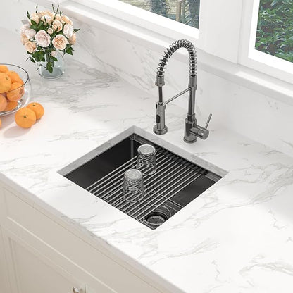 Sarlai 21 Black Undermount Sink - 21" x 19" Bar Sink Ledge Workstation Gunmetal Black Stainless Steel 16 Gauge Single Bowl Under Counter Bar Prep RV Camper Kitchen Sinks Basin with Accessories