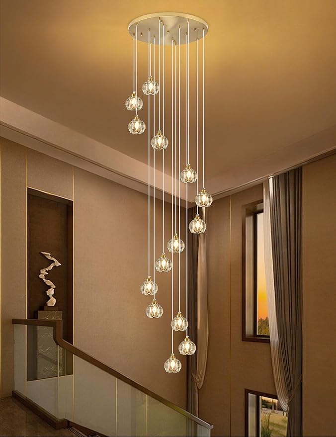 Weesalife Crystal Chandeliers for Staircases, 14-Light Gold Modern Chandeliers for High Ceilings，Crystal Pendant Light Fixture for Living Room Kitchen Island Foyer Hallway Bar