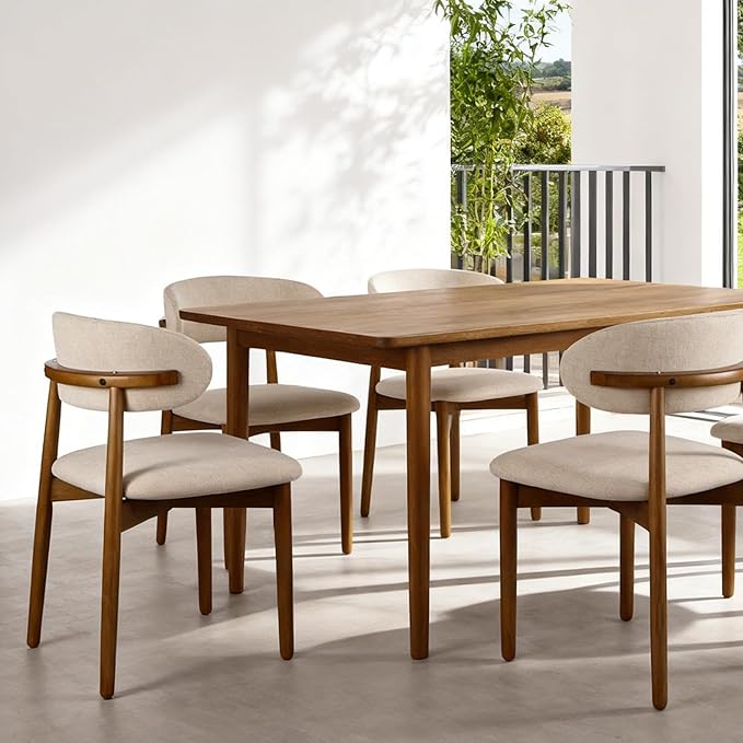 Modern Upholstered Dining Chairs, Beige Fabric Seat with Wooden Legs, Contemporary Kitchen Side Chairs, Set of 2
