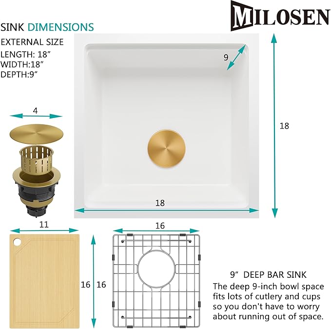 MILOSEN Undermount Bar Sink, 18 ×18 Inch Small White Granite Composite Wet Bar or Prep Sink, 9 Inch Deep Outdoor Single Bowl Workstation Basin with Accessories, Quartz Sinks