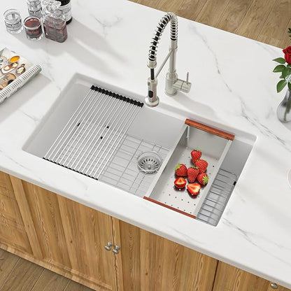 30 White Undermount Kitchen Sink Sink - 30''x19'' Granite Composite 9'' Deep Workstation Sink Ledge Quartz Classic Under Counter Single Bowl Basin