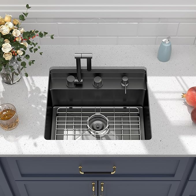 21 Inch Black Undermount Bar Sink Outdoor Kitchen Sink With Cover and Faucet 21x18x9 Inch 16 Gauge Stainless Steel Single Bowl Sink Indoor Outdoor