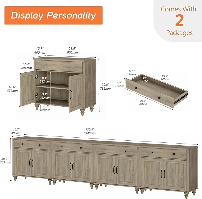 WAMPAT Large Buffet Cabinet with 8 Doors and 4 Drawers, Modern Coffee Bar Table Wood Kitchen Storage Cabinets, Farmhouse Sideboard Credenza for Dining Room, Wash Grey, 134 inch