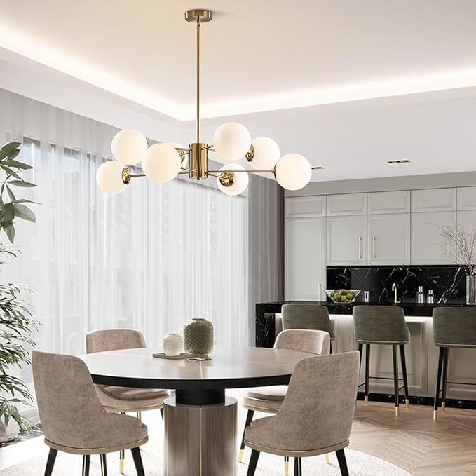 BOKT 8-Lights Large Gold Globe Chandelier Mid Century Modern Sputnik Light Fixture Brushed Brass Chandelier Ceiling Light White Glass Ball Sputnik Pendant Light