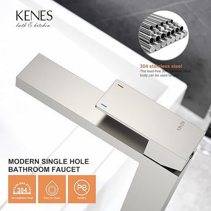 KENES Brushed Nickel Vessel Sink Facuet Single Handle Tall Bathroom Sink Faucet Vanity Bathroom Faucet Basin Mixer Tap with Water Supply Hose and Pop Up Sink Drain, LJ-9031A