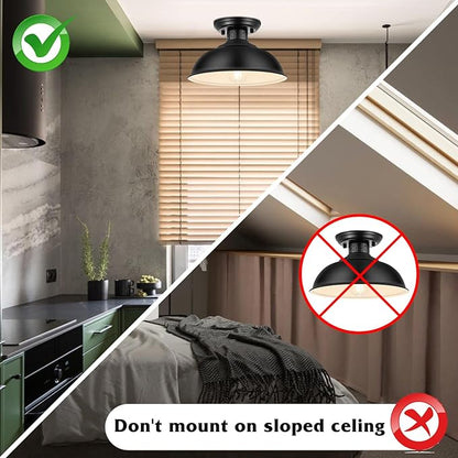 2PCS Industrial Vintage Ceiling Light, Semi Flush Lighting Kitchen Island Dining Room Foyer Hallway Porch Barn Loft, Black 13in