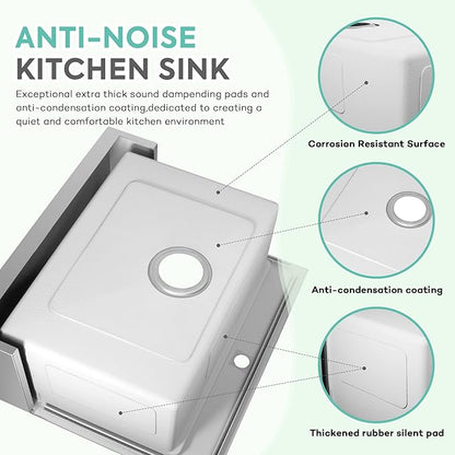 Rhbamoa 26 Inch Stainless Steel Farmhouse Sink,16-Gauge T304 Stainless Steel Drop in Kitchen Sinks,Small Single Bowl Apron Front Farm Sink,10 Inch Depth Topmount Workstation Sinks with All Accessories