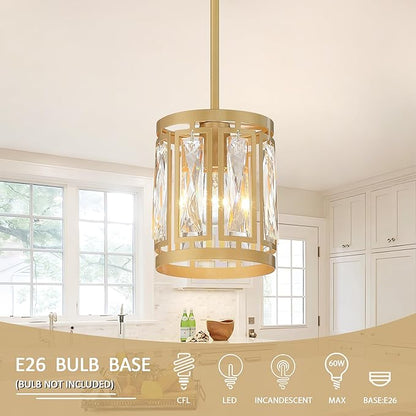 2 Pack Gold Pendant Lights Kitchen Island, Crystal Pendant Light, Adjustable Hanging Light Fixture for Dining Room, Living Room, Kitchen