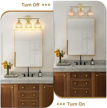 Vintage Bathroom Light Fixtures,3-Light Hardwired Vanity Lights with Amber Tulip Glass Shade,Gold Bathroom Vanity Light for Mirror Restroom,E26 Socket,18.5 in(Bulbs Not Included)