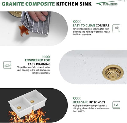 33 Granite Composite Kitchen Sink - Couoko 33x19 Inch White Undermount Granite Kitchen Sink White Quartz Sink Under Counter 50/50 Double Bowl Sink Basin