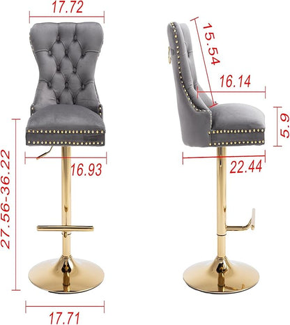 Rhomtree 27-36 Inch Swivel Bar Stools, Adjustable Counter Height Barstools with Tufted High Back & Ring Pull Golden Footrest, Upholstered Bar Chairs for Home Bar Kitchen Island(Grey Set of 6)