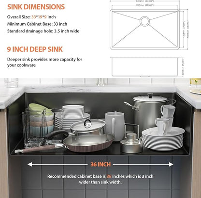 33 Inch Undermount Kitchen Sink Black 18 Gauge Stainless Steel Under Counter Sink Single Bowl Deep Handmade Single Bowl Kitchen Sink,33"x19"x9"