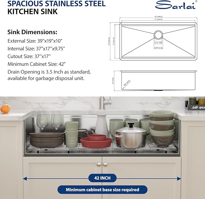 Sarlai 39 Kitchen Sink Undermount - 39 x 19 Inch Undermount Sink Ledge Workstation Deep Single Bowl 16 Gauge Stainless Steel Under Counter Kitchen Sinks Basin